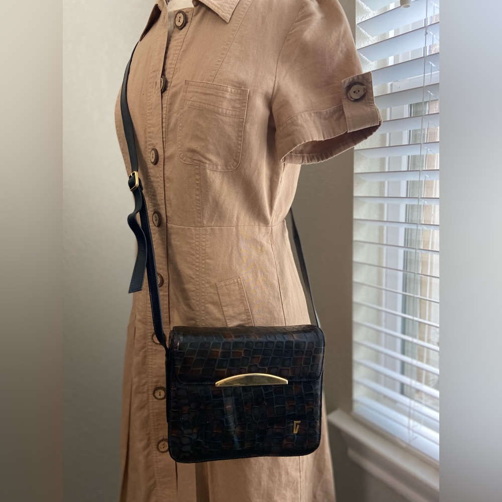 Vintage Franco Visconti Snake Print Leather Crossbody Handbag Purse Gold Tone